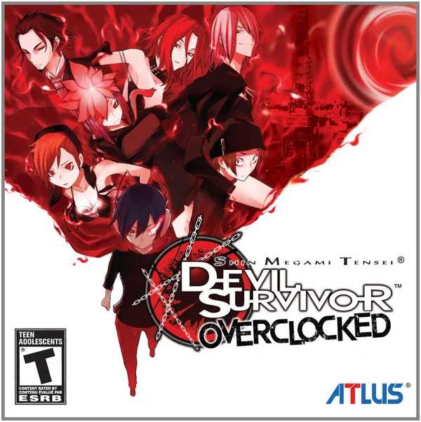 Capa de Devil Survivor Overclocked, com personagens sobre uma composição vermelha e branca.