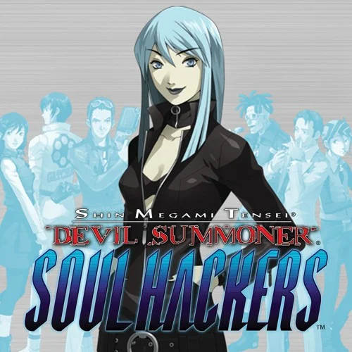 Arte de Soul Hackers com uma personagem de cabelos azuis e o título do jogo.