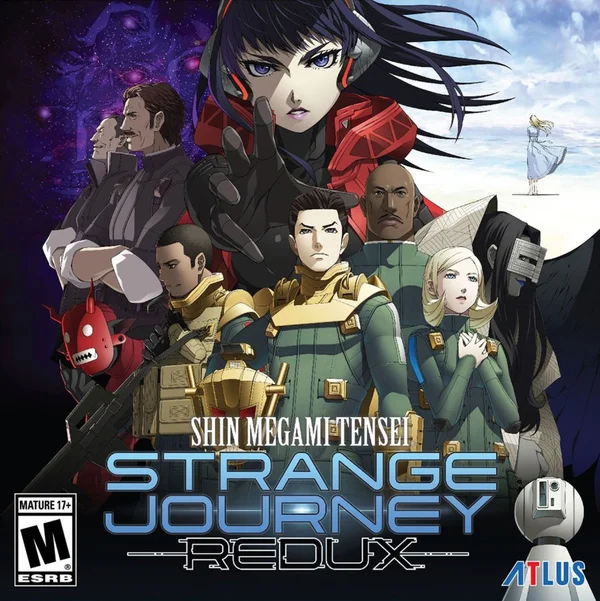 Capa de Strange Journey Redux, com o grupo de personagens e o título do jogo.