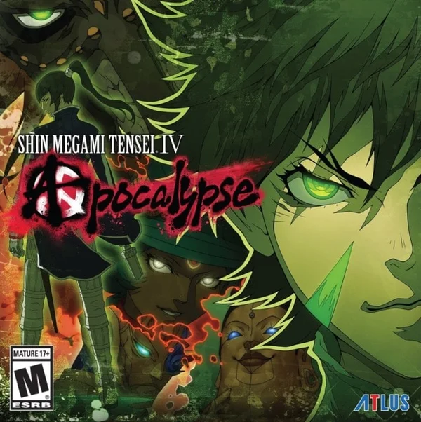 Capa de Shin Megami Tensei IV Apocalypse, em verde, com personagens e o título do jogo.