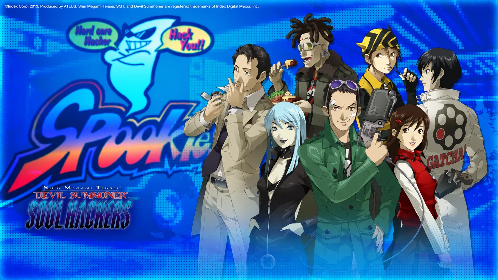 Elenco de Soul Hackers em arte promocional com fundo azul.